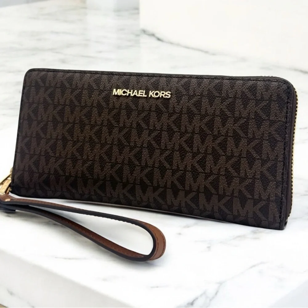 Michael Kors Large Continental Wallet Wristlet Brown Signature